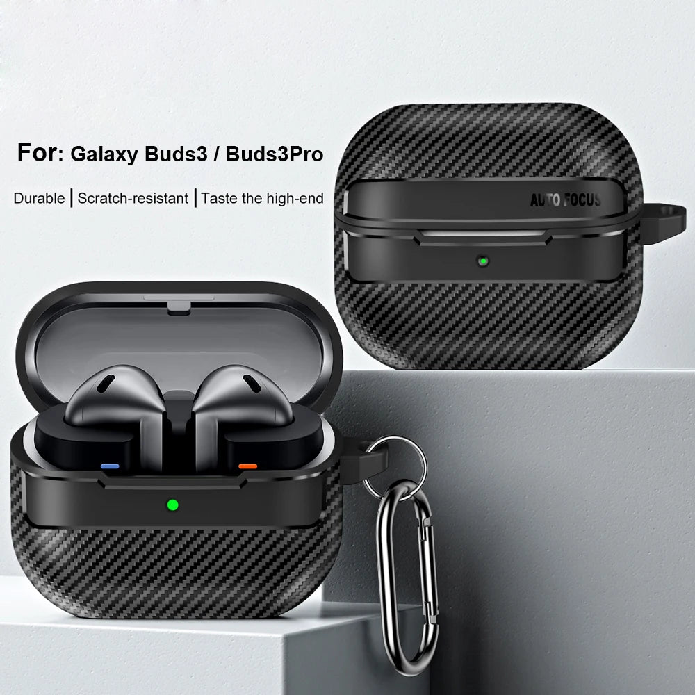 Carbon Fiber Earphone Protector Case for Samsung Galaxy Buds3 / Buds 3 Pro Case Protective Sleeve Cover with Keyring Accessories